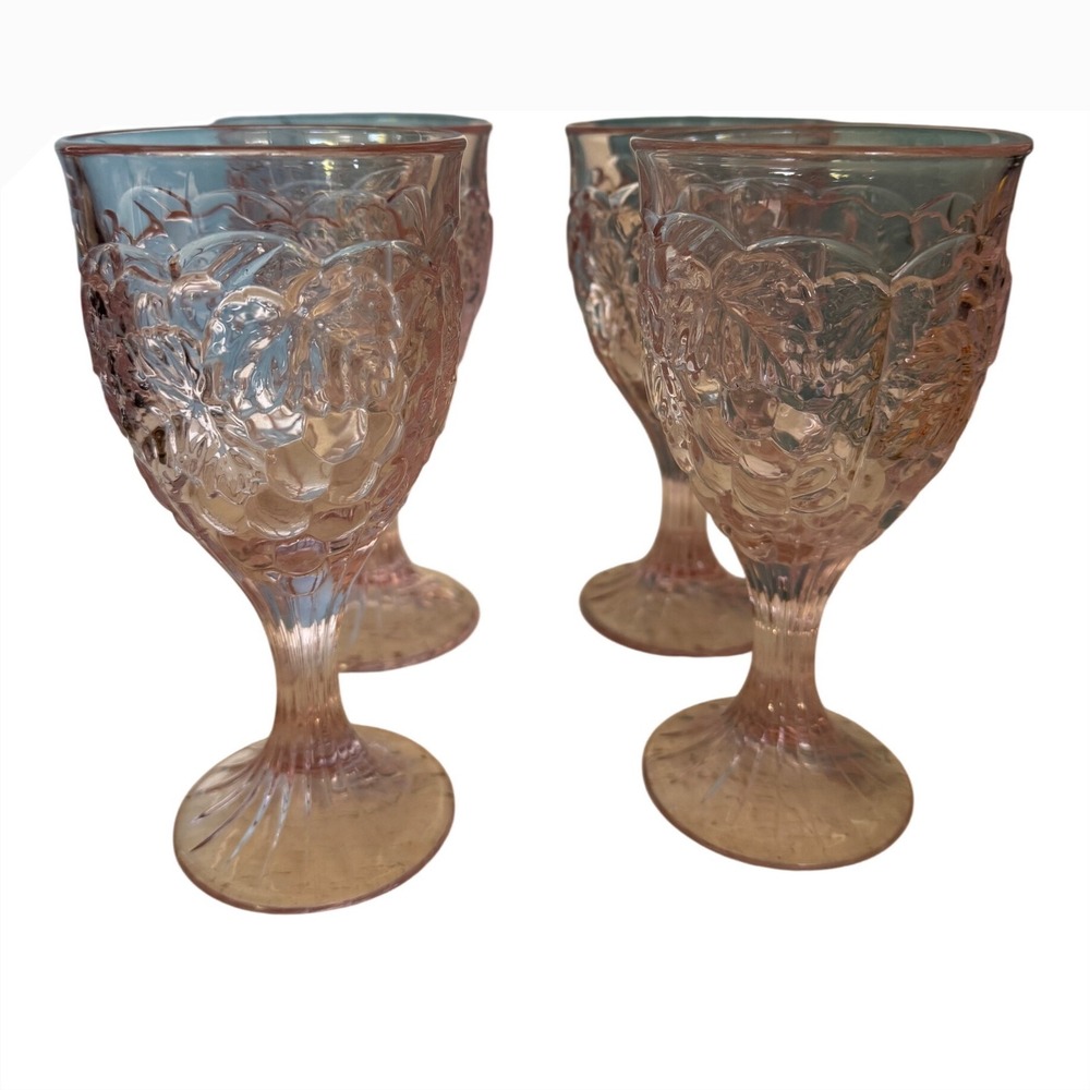 Vintage Pink Glass Goblets Set of 4 Embossed Floral Grape Depression Style Wine